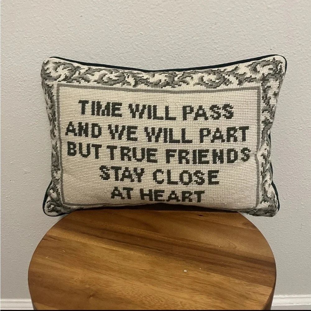 Vintage 123 Creations Green and Ivory True Friendships Needlepoint Accent Pillow
